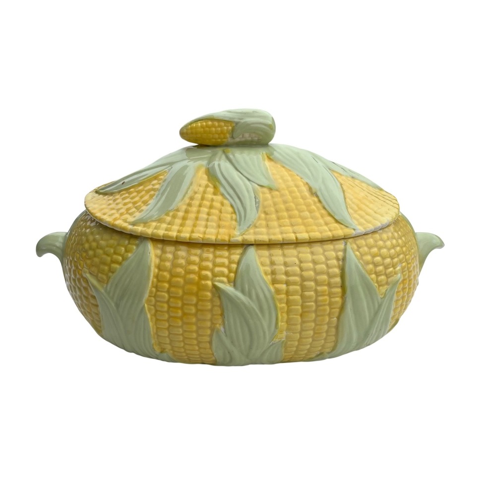 Vintage Majolica Style Ceramic Corn on the Cob Tureen with Lid Yellow Green